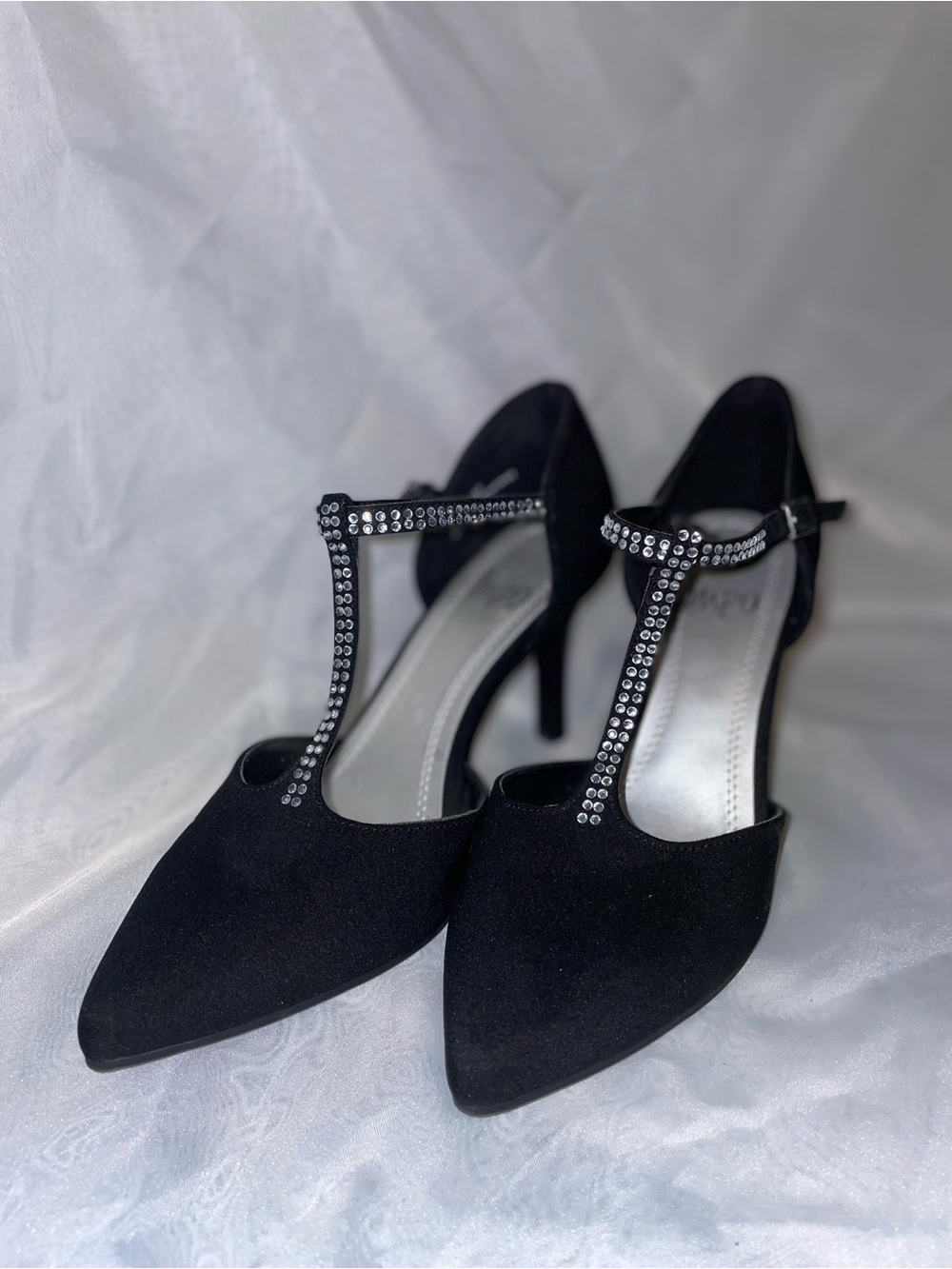 Impo Black T-Strap Pointed Heels with Rhinestone Trim